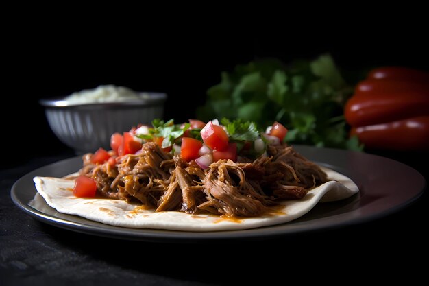 Tacos au porc carnitas faits maison avec oignons et tomates à la coriandre