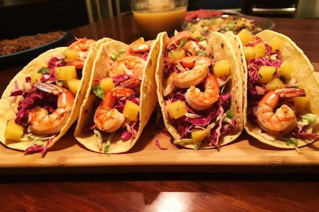 Des tacos aux crevettes épicées avec de la salsa à la mangue et à l'ananas.