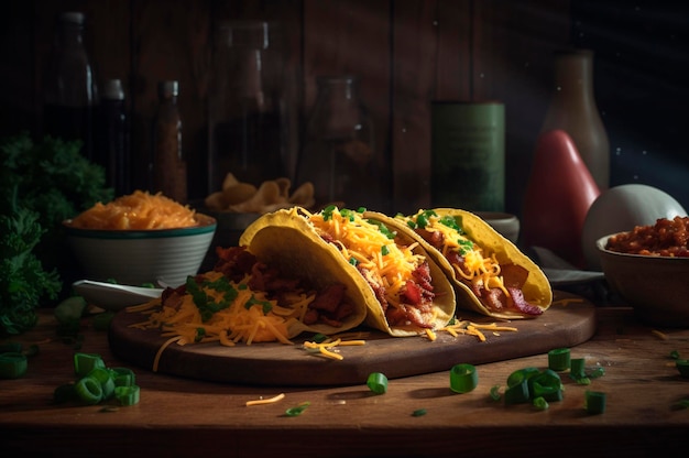 Tacos aux pommes de terre rissolées, œufs brouillés et bacon garnis de fromage et d'oignons verts générés par l'IA