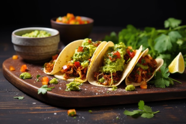 Tacos à l'avocat, coriandre et gouttelettes de sauce piquante