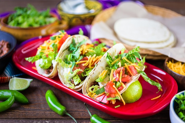 Tacos de boeuf haché avec laitue romaine, tomates en dés et fromage cheddar râpé.