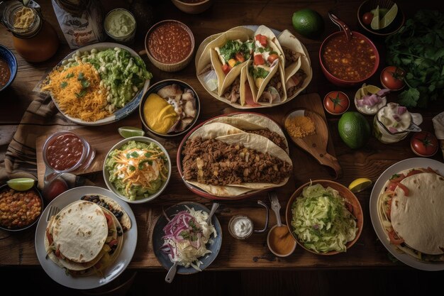 Tacos burritos et nachos étalés sur la table pour un festin créé avec une IA générative