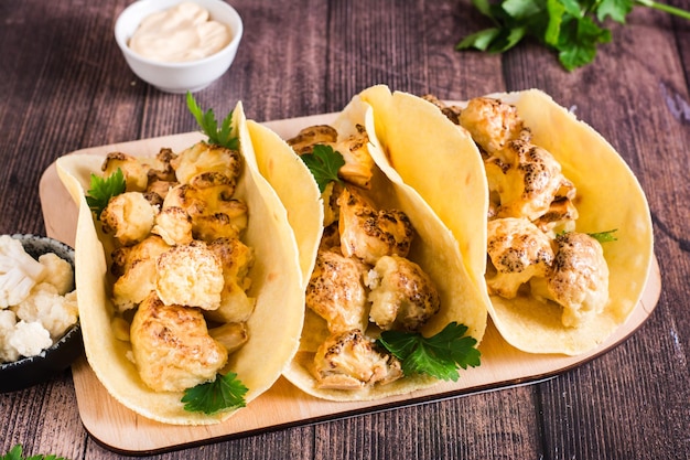 Tacos de chou-fleur grillé aux herbes sur une planche sur la table Nourriture végétarienne