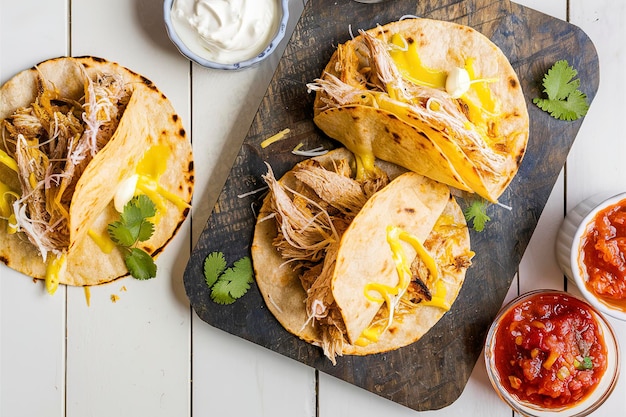 Tacos cuits au four avec du poulet et du fromage servis avec de la crème et de la salsa