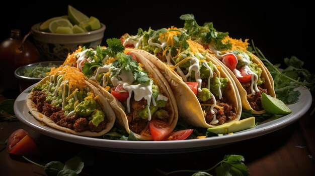 Photo des tacos délicieux remplis de légumes et de viande sur une assiette avec un fond flou