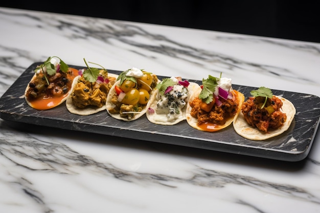 Tacos disposés sur une planche de marbre avec de petits plats de chou rouge mariné