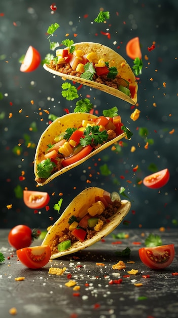 Tacos flottants avec des ingrédients alignés dans le style d'illustration 3D