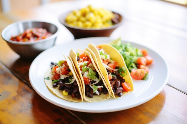 Tacos avec des haricots noirs épicés et de la salsa de maïs