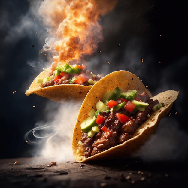 Tacos juteux tombant du haut avec de la fumée