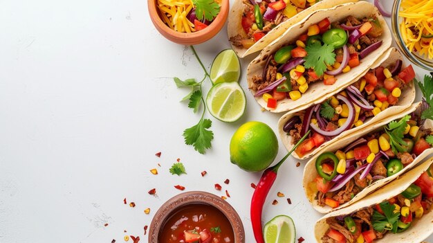 Tacos mexicains colorés avec des légumes frais et du poulet sur un fond blanc