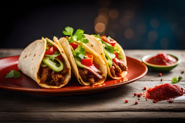 Tacos mexicains avec du bœuf dans de la sauce tomate et de la salsa