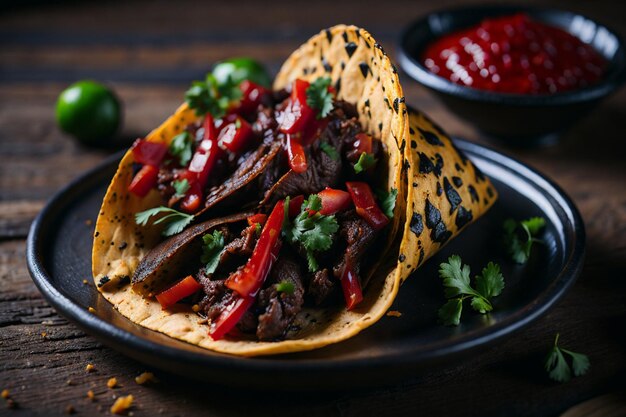 tacos mexicains avec du bœuf dans de la sauce tomate et de la salsa