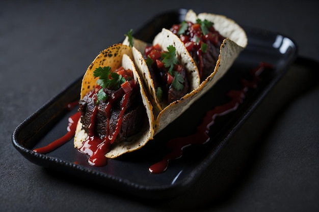 tacos mexicains avec du bœuf dans de la sauce tomate et de la salsa