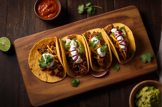 Des tacos mexicains épicés sur une planche de bois