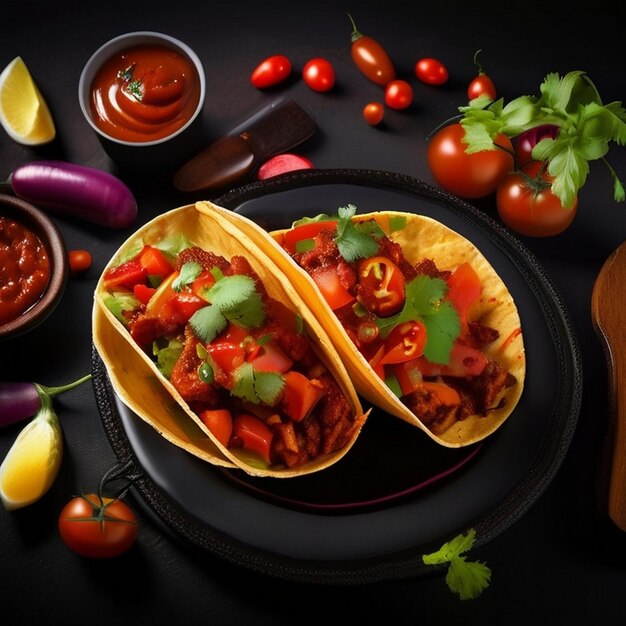 Tacos mexicains en gros plan sur une assiette de sauce au piment de tomate