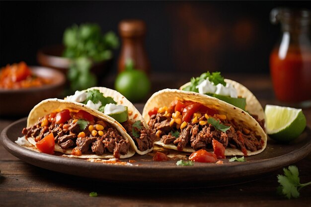 Photo des tacos mexicains savoureux remplis de bœuf et de haricots assaisonnés dans une riche sauce à base de tomate