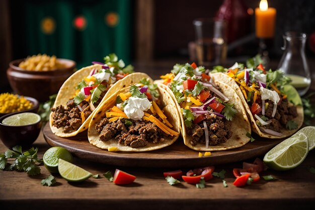 tacos mexicains traditionnels avec viande et légumes sur table en bois