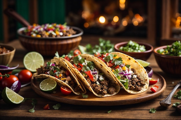 tacos mexicains traditionnels avec viande et légumes sur table en bois