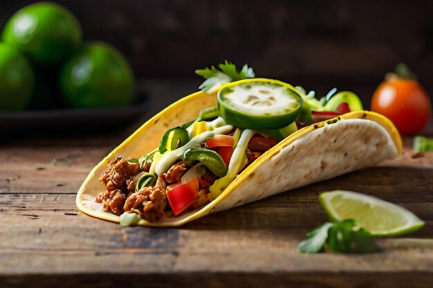 Tacos mexicains avec de la viande hachée, des haricots et des épices sur une assiette