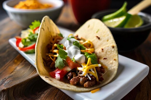 Tacos mexicains avec de la viande hachée, des haricots et des épices sur une assiette