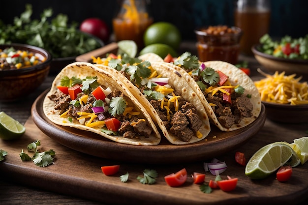 tacos mexicains avec viande, légumes et fromage