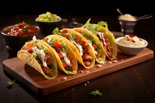 Tacos mexicains avec de la viande et des légumes sur une table en bois dans un restaurant