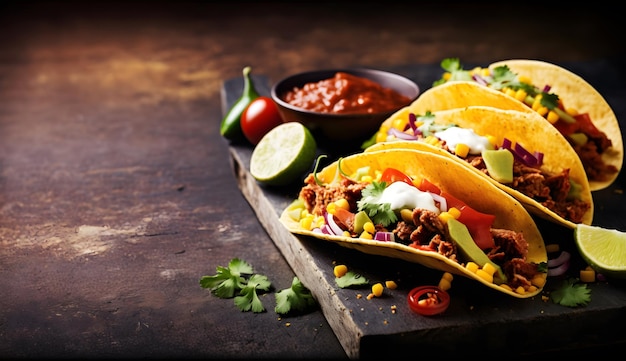 Tacos sur une planche à découper avec un bol de salsa et un bol de salsa.