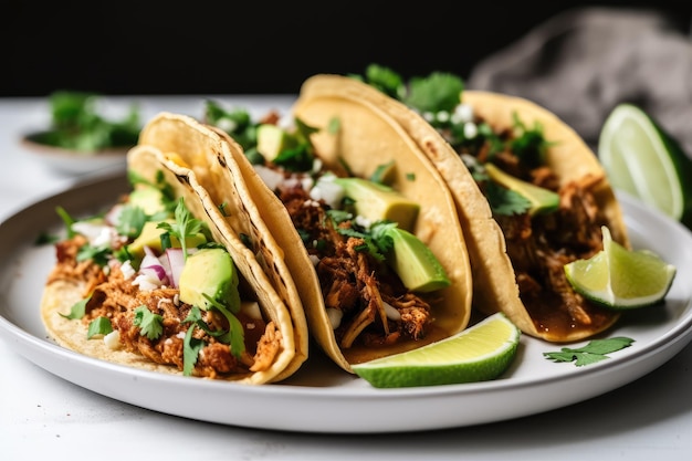 Tacos sur plaque blanche avec saupoudrer de coriandre et de quartier de lime visible créé avec ai générative