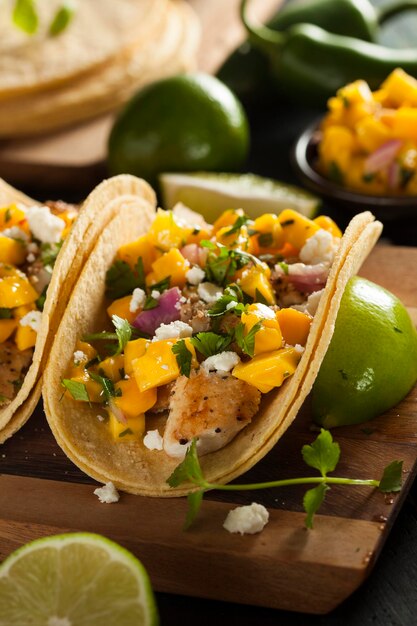 Photo tacos de poisson baja faits maison avec de la salsa de mangue et des frites