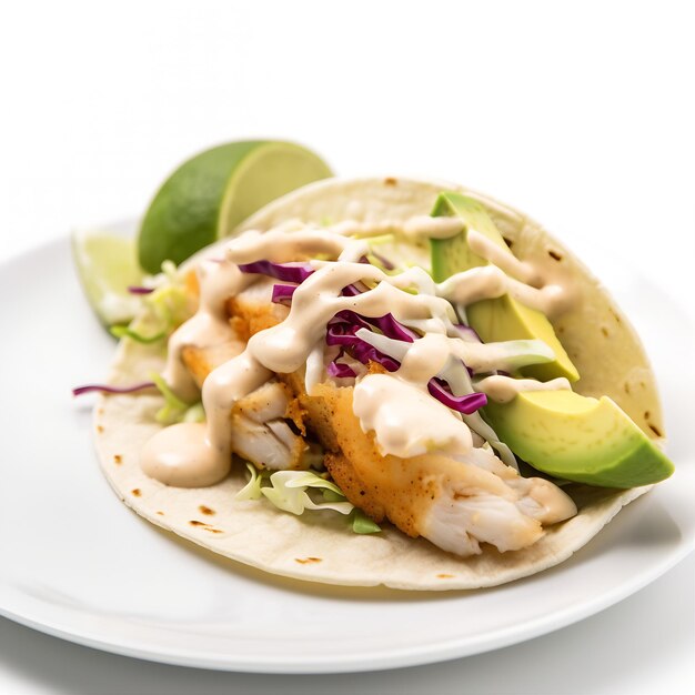 Photo tacos de poisson mexicains avec de l'avocat et de la sauce sur fond blanc