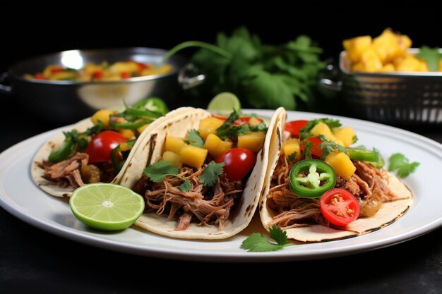 Tacos de porc Adobo grillés avec de la salsa à la mangue et à l'ananas