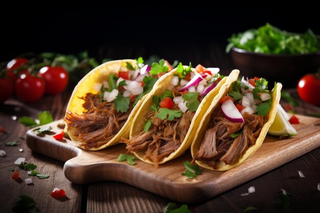 Photo tacos de porc mexicain avec des verts, des tomates et des légumes sur une planche de bois.