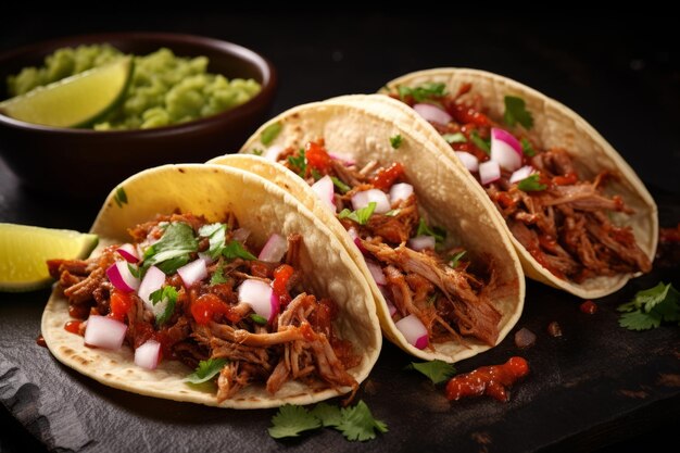 Photo tacos de porc mexicain avec des verts, des tomates et des légumes sur une planche de pierre noire.