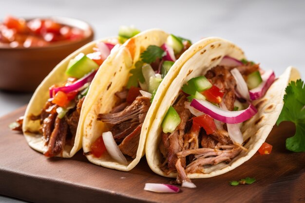 Photo des tacos de porc mexicains avec des verts, des tomates et des légumes sur la planche en bois.