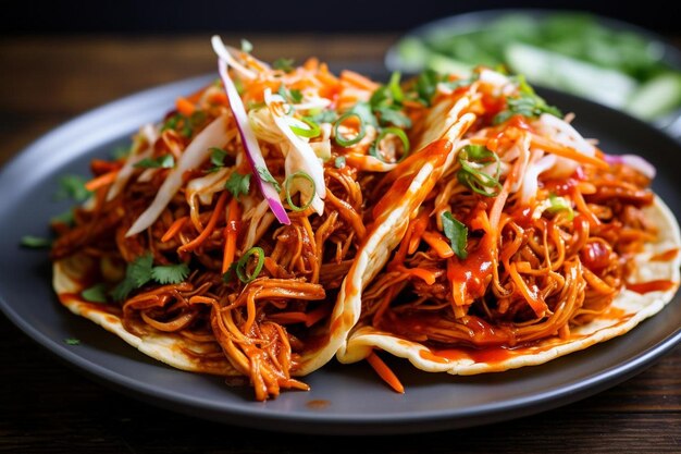 Tacos de poulet au barbecue coréen avec de la salade de kimchi épicée