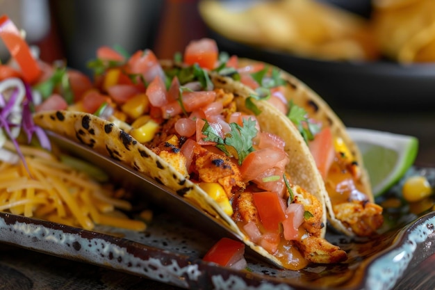 Tacos de poulet épicés avec du Pico de Gallo frais et du fromage sur une table en bois