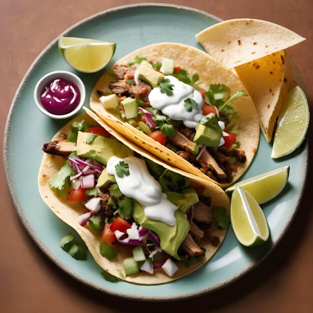 Des tacos réalistes sur une assiette et des ingrédients