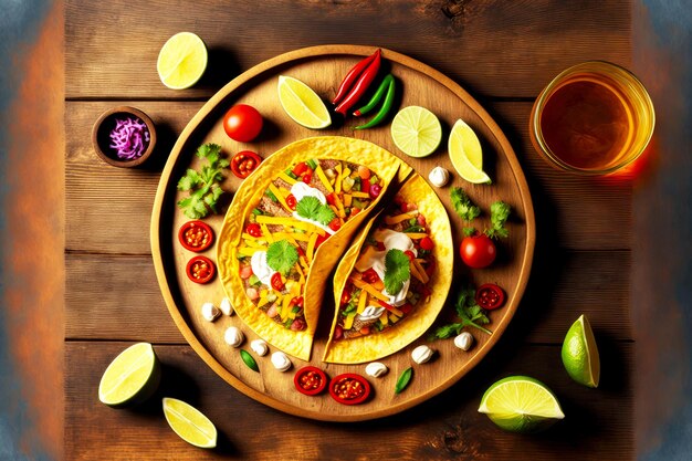 Tacos ronds mexicains avec sauce piquante et citron vert sur table en bois