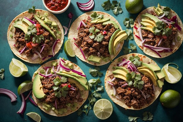 Photo tacos de rue mexicains composition plate avec du porc carnitas avocado oignon coriandre et chou rouge tacos avec