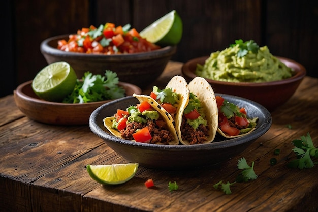 Des tacos sur une table en bois rustique avec