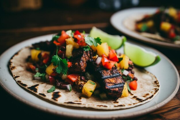 Des tacos de tofu jamaïcains avec de la salsa à la mangue et à l'ananas