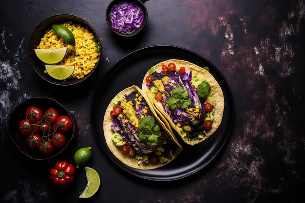 Tacos végétariens sur un plateau noir avec tomates chou violet et maïs doux Tacos de légumes avec sauce guacamole sur un fond sombre Copiez l'espace une vue de dessus