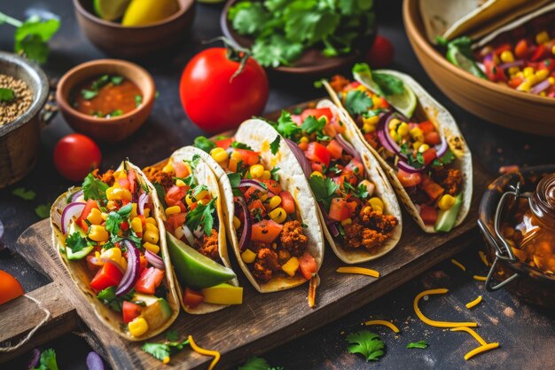 Des tacos végétariens sur une table en bois