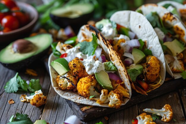 Des tacos végétariens sur une table en bois