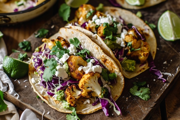 Des tacos végétariens sur une table en bois