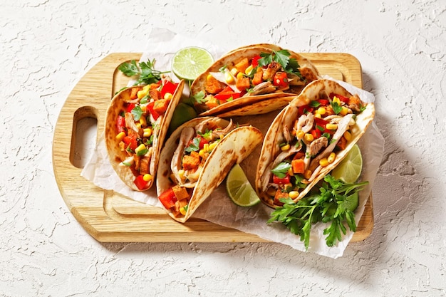 Tacos à la viande de poulet grillée cubes de patates douces rôties au maïs poivron rouge et persil servis sur une planche de bois sur une table en béton blanc