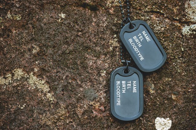 Tag militaire pendu sur le rocher sur le fond de roche dans la forêt. Concept de sacrifice de soldat et d'armistice.