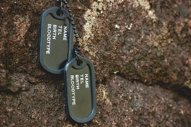 Tag militaire pendu sur le rocher sur le fond de la roche en forêt. Concept de sacrifice de soldat et d'armistice.