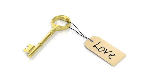Tag avec le mot Love sur clé rétro doré isolé sur fond blanc