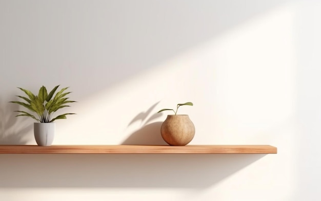 Étagère blanche en bois avec une plante sur fond blanc du mur